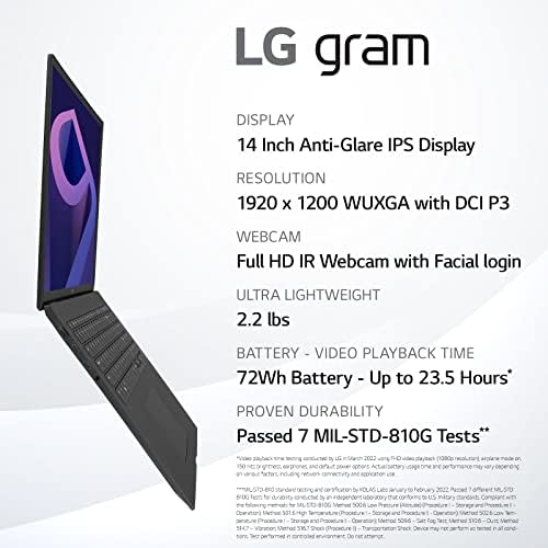 LG грам 14z90q Ултра Лесен Лаптоп, 14 IPS Дисплеј, Intel evo 12th Gen i7 1260p Процесор, 32GB LPDDR5, 1TB NVMe SSD, FHD Webcam, WiFi
