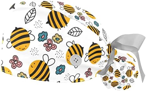 2 парчиња рака нацртана масна пчела шема Цвето работно капаче со копчиња, прилагодлива буфантна капа со држач за конска опашка