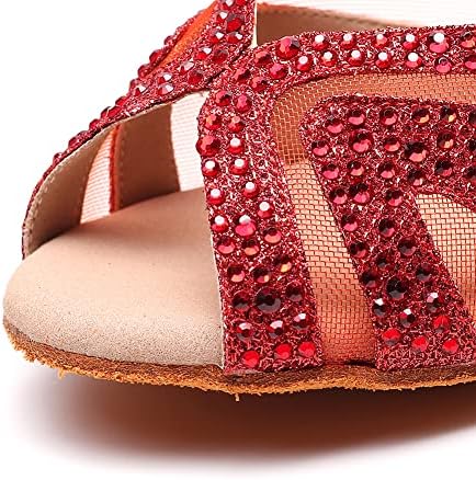 Womenените Rogmujen Women Girls Ballroom Dance Shoes - Латински салса чевли со rhinestones за вежбање перформанси Танго партиски