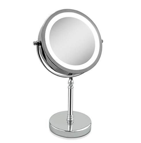 елимко Огледало За Зголемување 10x Огледало за Шминка, Двострано Огледало На Масата СО LED Осветлена Ротација Од 360 Степени 1x или 10x Огледало