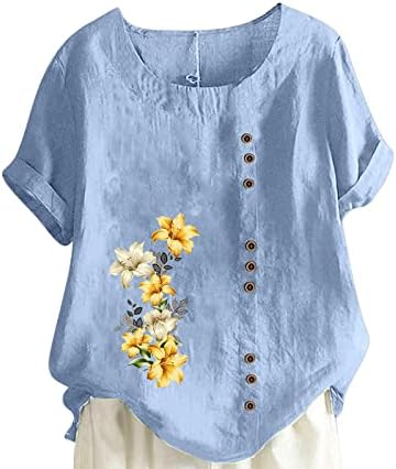 Womenените памучни постелнини врвови плус големина Краток ракав екипаж, цветни печатени маички кошули лето лабаво копче надолу надолу со блуза
