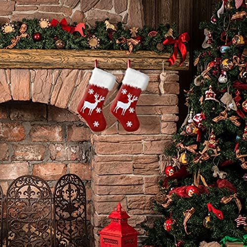 18 инчи Божиќни чорапи со светла Уникатно црвено постелнина, извезена торба за подароци, осветли Божиќни чорапи за украси во сезоната на