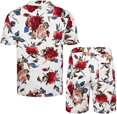 Мантори Менс цветни хавајски облеки 2 парчиња копче надолу со кошула со кратки ракави и шорцеви