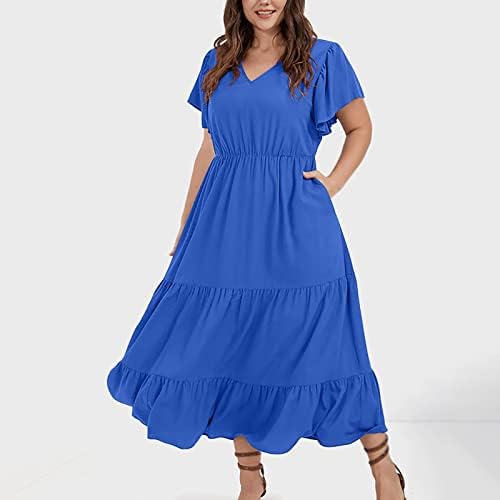 HCJKDU плус фустан со големина за жени против вратот на вратот кратки ракави макси фустани издвоени руфли замавливи летни фустани