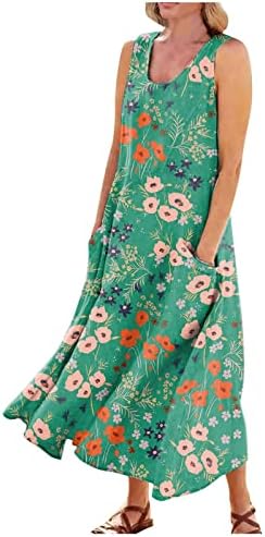 XSSFCC женски летни облеки Бохо -случајна памучна лента без ракави пред летен фустан за одмор со покети