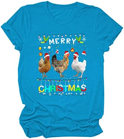 Женски божиќни маички со кратки ракави, весели Божиќни пилешки врвови, маица со екипа на блуза од Дедо Мраз