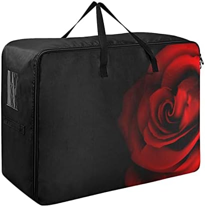 Алаза Црвена Роза Цвет На Црна Екстра Голема Торба За Складирање Торба За Перење За Заштеда На Простор Утешител За Постелнина Багаж За Облека