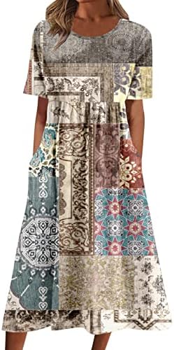Бифутон летни фустани за жени 2023 каузален лабав фустан краток ракав цветен бохо фустан одмор долг сонце фустан со џебови