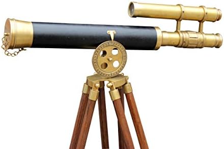 Наутички Поден Антички Месинг Кожен Телескоп Со Кафеав Дрвен Опсег На Статив