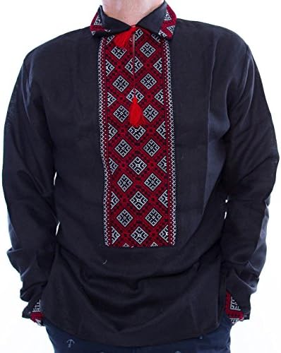 Вишиванка човек црна црвена Украина извезена постелнина кошула М подарок за него