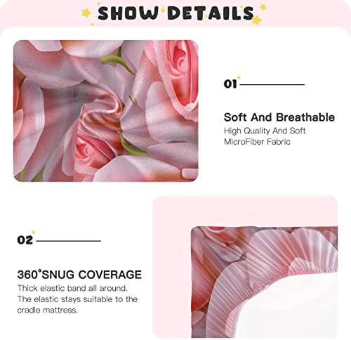 Алаза розова роза романтична цветна цветни чаршафи за креветчиња, опремени листови за басинет за момчиња бебе девојчиња, стандардна