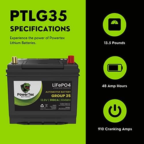 Батерии Powertex Lithium LifePo4 BCI група 35 батерија на автомобили - 12.8V 910CA 48AH 615WH - Внатрешна BMS, подолга трајна, лесна, 24 -месечна гаранција - AGM & SLA за замена на премија