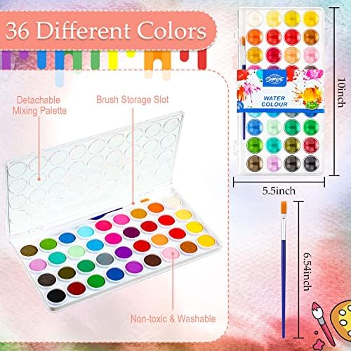 6 пакувања 36 бои акварел боја за миење на акварели во боја на бои во боја на бои во боја на бои со четки за деца, возрасни, почетници