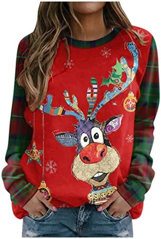 Грд Божиќен џемпер за жени Смешно слатко ирваси печати лепење на екипажот Божиќ џемпери дво-тон кошули со долги ракави
