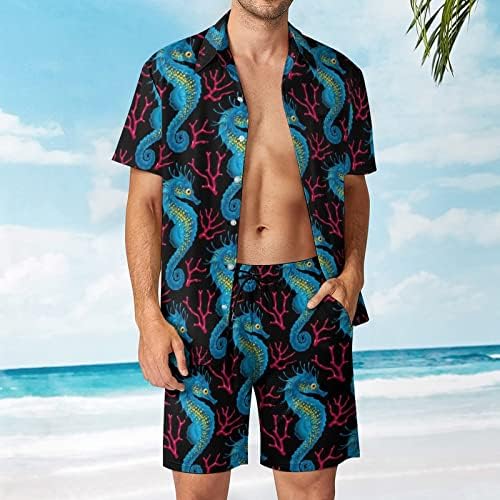 Seahorse and Coral Men 2 Piects Hawaiian Set копче надолу со кратки ракави кошули со плажа панталони лабави фит-манжетни тренерки