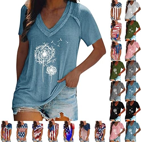 Adhowbew женски врвови со кратки ракави, цветни американско знаме графички маички летни фустани случајни кошули на 4 -ти јули