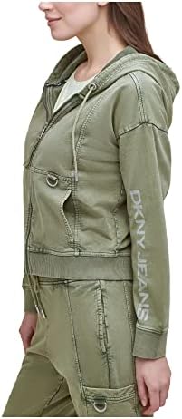 Dkny фармерки жени зелени зелени џебни џебови со ребрести долги ракави качулка Топ XXS