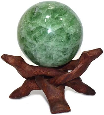 Исцелување4u сфера Зелена флуорит големина 3 инчи и една дрвена топка стојат природна кристална топка сфера Васту Реики Чакра заздравување