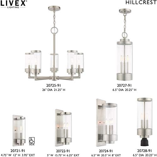 Livex Lighting 20725-91 Hillcrest - Пет светло лустер на отворено, четкана никел финиш со јасно стакло