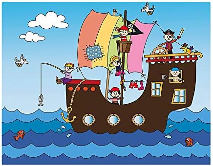 100x100 инчи wallид мурал, детски пиратски брод со смешни деца авантуристички океански патувања бранови птици облаци декоративна кора и стап