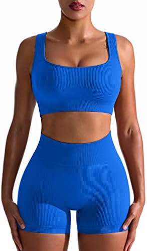 Облека за вежбање OQQ за жени 2 парчиња лесни ленти со ребрести високи половини со спортски градник за вежбање сет Blue2