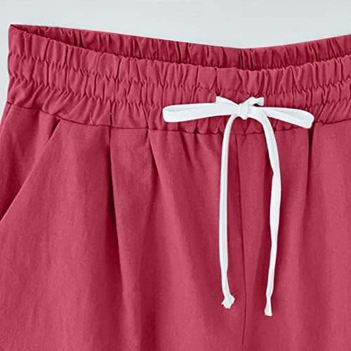 Памучни постелнина шорцеви за жени 2023 летни еластични половини удобни шорцеви џебни колено должина од шорцеви во Бермуда со влечење