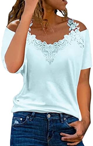 Lummerенски летен продолжение чипка против вратот од рамото цветно печатење со кратки ракави маица секси ладно рамо врвови блуза