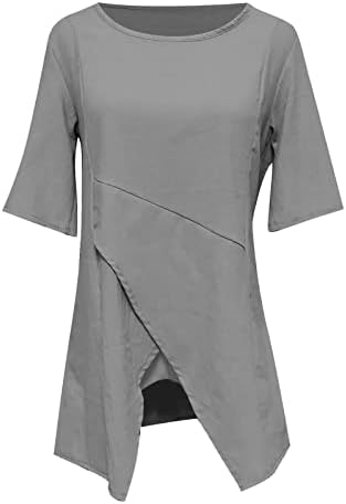 Памучни постелнини блузи за жени со кратки ракави со кратки ракави на екипажот трендовски асиметрични полите врвови лето цврста обична кошула