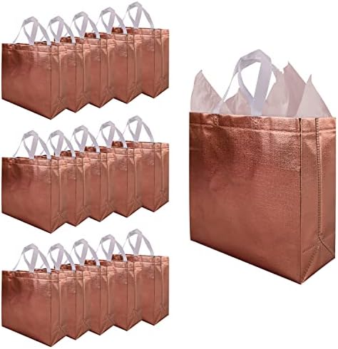 Ченгбаи ТОТЕ Розово Злато Торби За Подароци За Повеќекратна Употреба Со Рачки 15 Парчиња, Металик Блинг Треперлив Дизајн Обвивка За Подароци