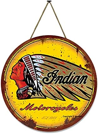Аутоту Индиски моторцикл знак круг дрво виси знак за знак на wallид, ретро постер за гаража мотоцикл клуб човек пештера домашен бар подарок 11,8 × 11,8inch