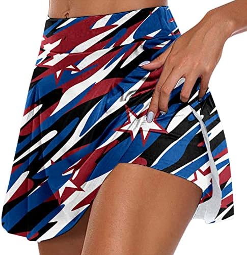 4 -ти јули американско знаме тениски здолништа со шорцеви за жени со високи половини плетени проточни голф -голф 2 во 1 шорцеви што трчаат