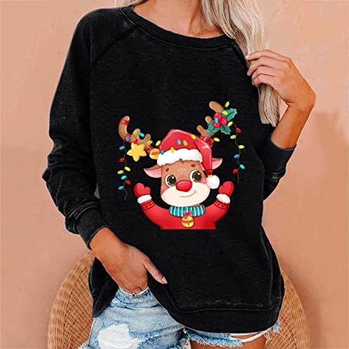 Божиќни врвови за жени Симпатична ирваси печати туника, обична лабава лабава долга ракав екипаж џемпери џемпери џемпери џемпери