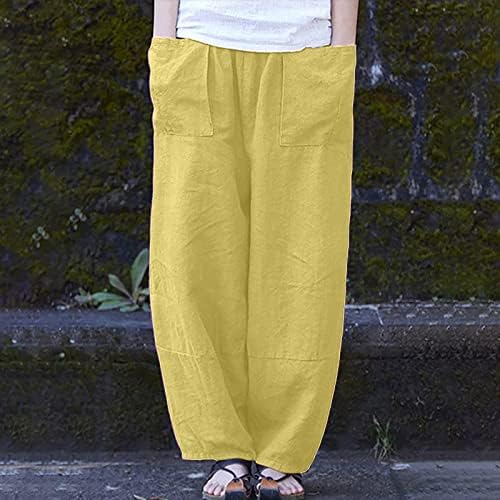 Женски буги обични панталони памучни постелнина еластична половината широки панталони за нозе се релаксираат лабави летни палацо панталони
