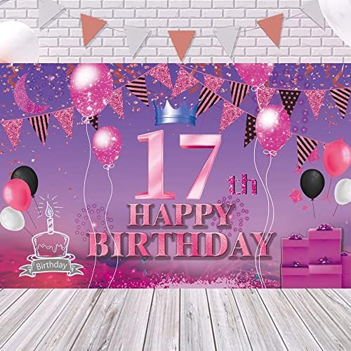 Среќен 17 -ти роденден Банер Пинк Виолетова 17 -ти Постер за знаци 17 роденден за роденденска забава за годишнината Фото штанд Фотографија