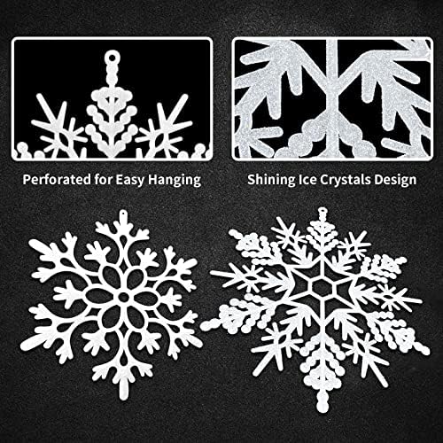 Орнаменти од бела снегулка, големи снегулки сет од 5 бели блескави снегулки 12 Два дизајни Божиќ декоративни висечки украси прозорец декор зимски