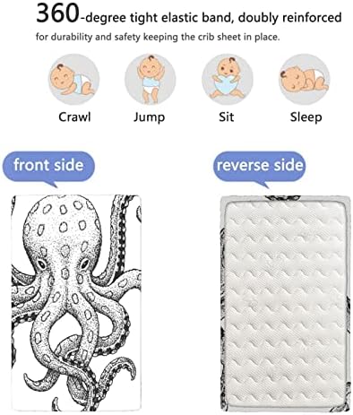Октопод тематски опремени мини чаршафи за креветчиња, преносни мини креветчиња со меки и затегнати лежишта - чаршафи за креветчиња за девојче или момче, 24 „x38“, јаг