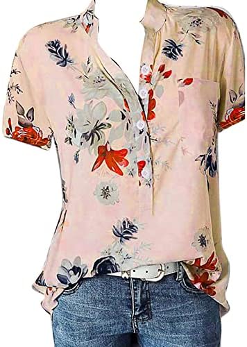 Флорални кошули за жени летни копче блузи кошула лесна печатена печатена плажа на плажа со кратки ракави со кратки ракави со џеб
