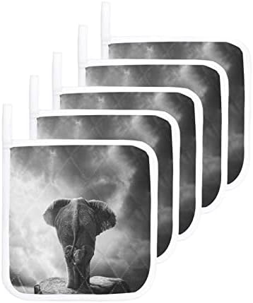 Кујнски Полтер сет од 4, смешни слонови мајки и дете животно на држачи за тенџере со карпа, топлина, топла подлога, сива уметност од