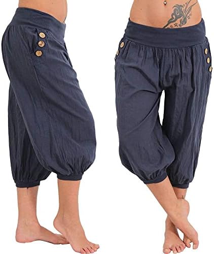 Еластична половината на Veathaer Womenенски 3/4 Капри хареми панталони со џебови Обични лабави цврсти јога панталони S-XXL