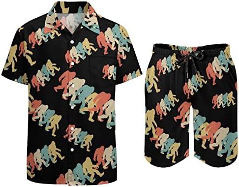Weedkeycat Retro Bigfoot Sasquatch Man's Beach Outfits 2 парчиња Хавајски копче надолу со кошула Краток ракав и сет на трупки од шорцеви