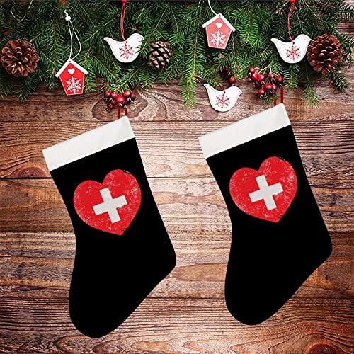 Switterland Heart Retro Flag Christmas Stocking Short Shorts Xmas Choxings Висат украс за украсување на камин на елка 26x42cm