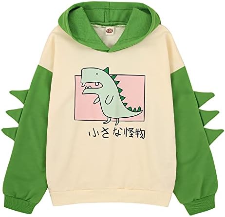 Девојки диносаурус худи пуловер џемпер слатка, симпатична долга ракав, цртан филм со качулка, зимски деца, обични врвови