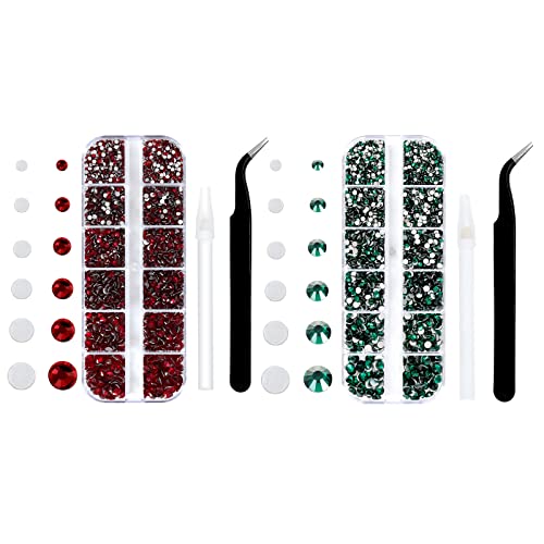 4240pcs Flatback црвени и зелени rhinestones за уметност за нокти Лице Шминка Божиќ со пинцети и берење пенкало