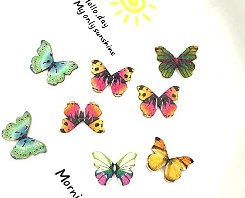 Дрвени копчиња од пеперутка, 100 парчиња мешани бои 2 дупки Пеперутка дрвени копчиња за шиење Сноп -книги за занаетчиска облека додатоци