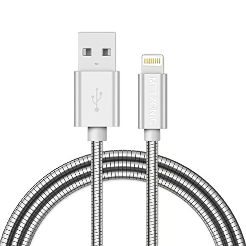 Metzonic Apple MFI Сертифициран метал iPhone Charger 304 Не'рѓосувачки челик плетенка USB кабел за полнење 3,3ft со голема брзина на конекторот