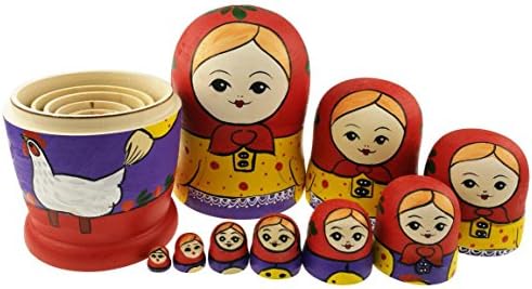 Зимски светла симпатична земјоделец девојче и пилешко шема дрвени рачно изработени руски кукли за гнездење матриошка кукли поставени