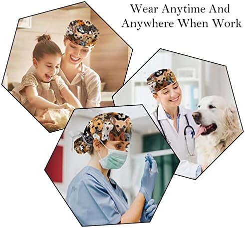 Медицински капачиња на Лорвис за жени со копчиња долга коса, 2 парчиња прилагодливо работно капаче, кучиња кучиња разнобојно разнобојно