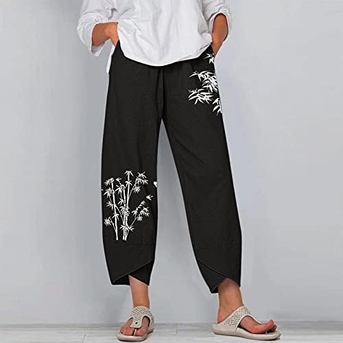Женски летни капри панталони памучни постелнини широки нозе каприс глуварче печатење исечени панталони плажа еластична половината