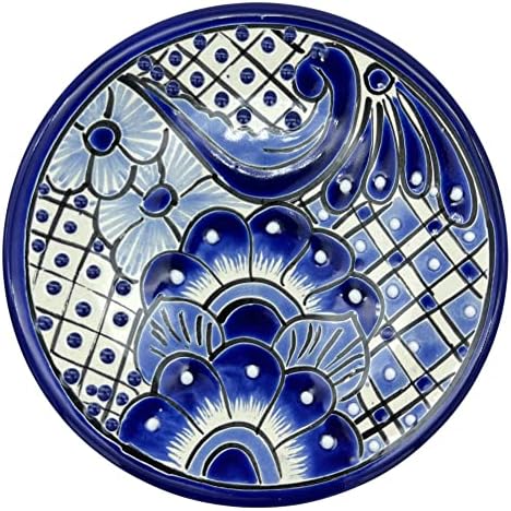 Сина и бела рачно изработена декоративна керамичка плоча - автентични мексикански талавера плочи - 8 - Платон Азул Бланко 20 см