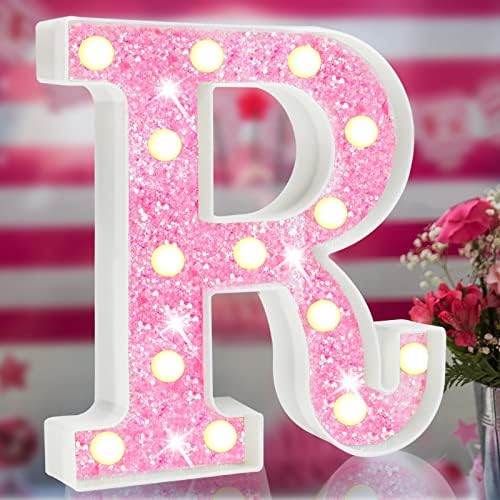 Осветли розови букви сјајни предводени светла на букви, батерија со розова азбука, знак за свадбени девојки роденденска забава домашна